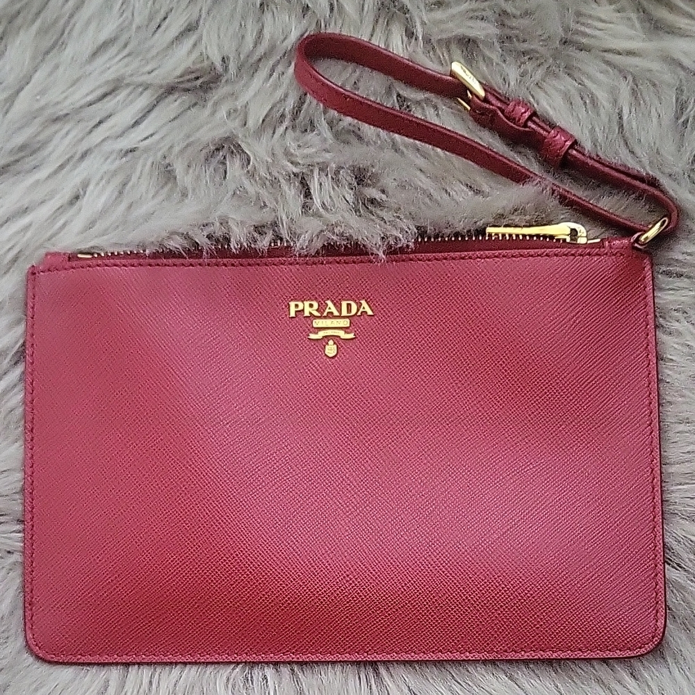 Prada Red Leather Wristlet with Gold Accents